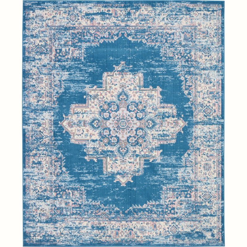 Handmade Round Blue Medallion Stain-Resistant Area Rug