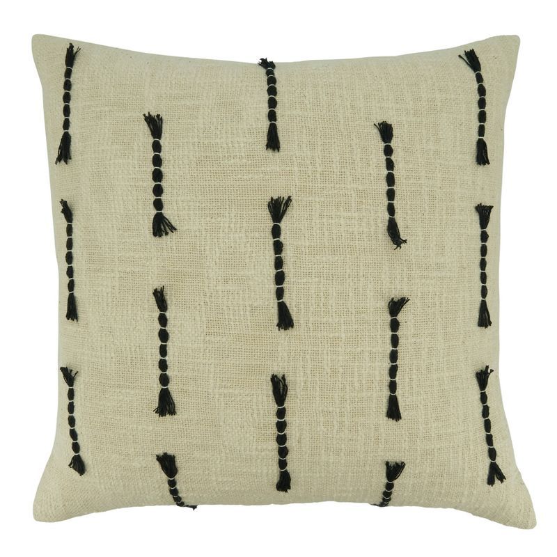 20" Beige and Black Cotton Frayed Stitch Line Throw Pillow Cover