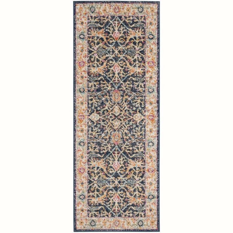 Navy and Creme Floral Motif Cotton Runner Rug