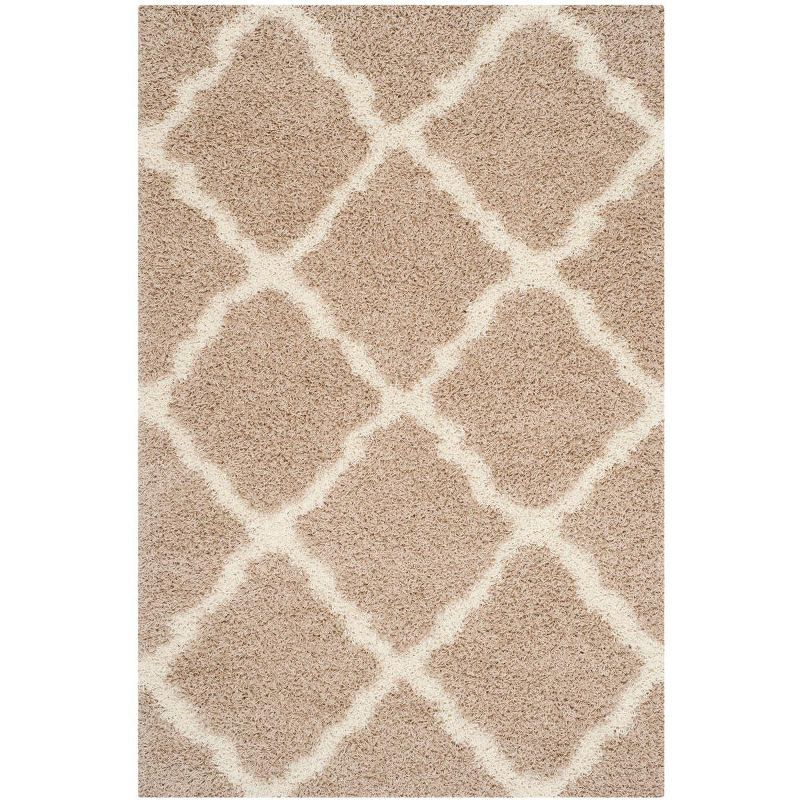 Beige and Ivory Geometric Shag Area Rug, 6' x 9'