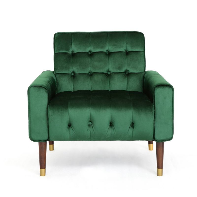 Emerald Velvet Button-Tufted Accent Chair with Wood Legs