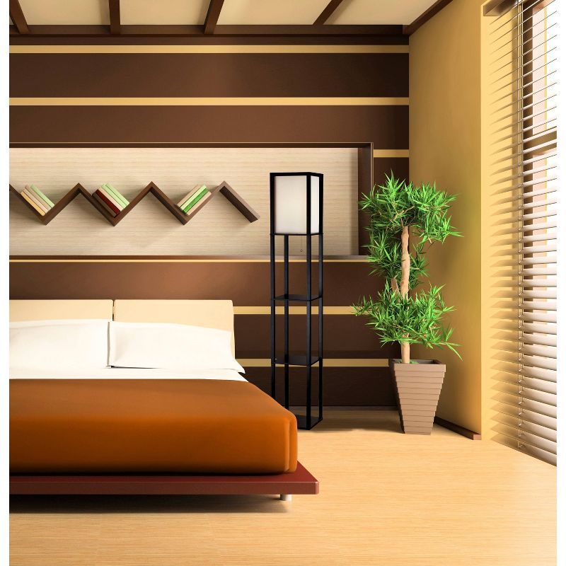 Black Walnut Shelf Floor Lamp with Natural Silk Shade