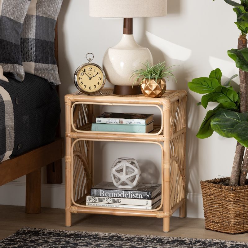 Baara Natural Brown Rattan Bohemian Nightstand with Shelves