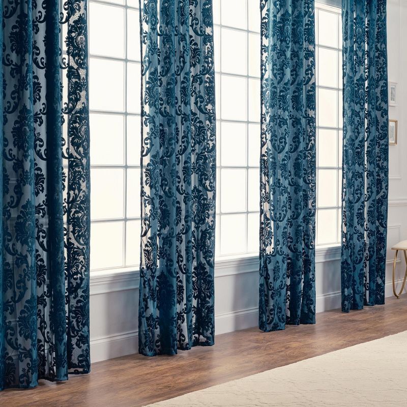 Blue Velvet Damask Sheer Grommet Window Panels, 52" x 108"