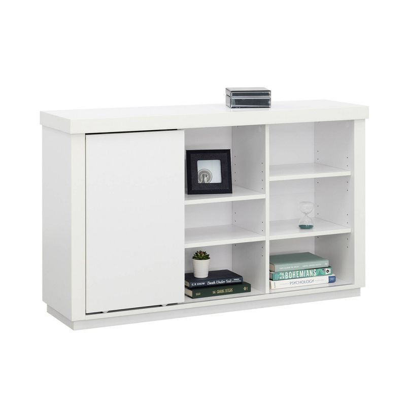 White Adjustable Wood Bookcase with Sliding Door