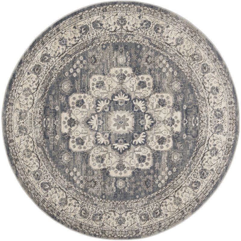 Grey and Ivory Round Hand-knotted Synthetic Area Rug