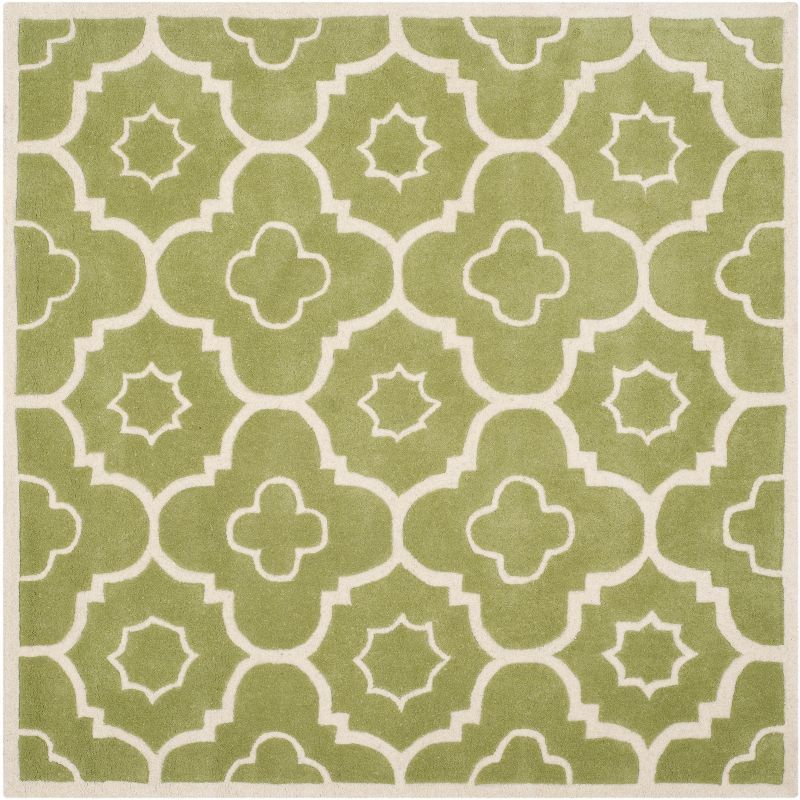 Green and Ivory Hand-Tufted Wool Square Rug