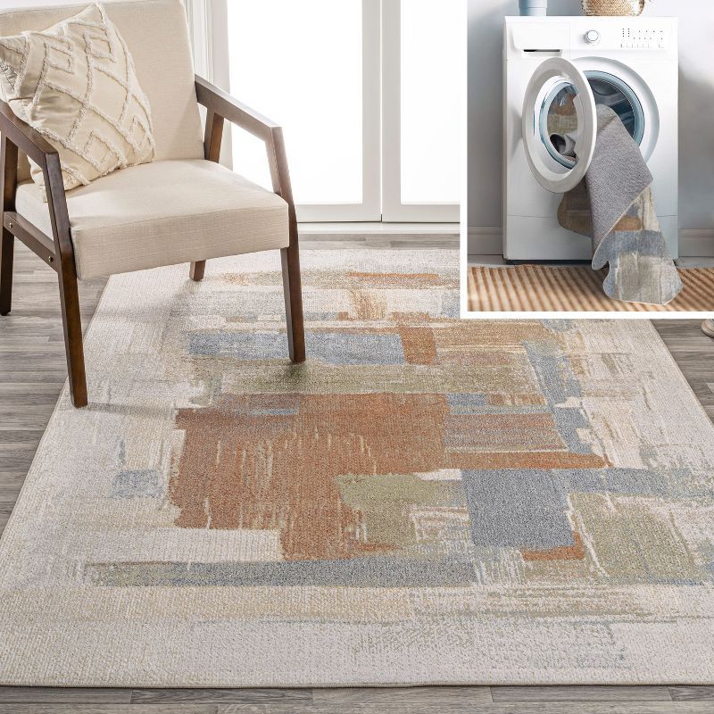 Cream and Multi Abstract Synthetic Washable 4' x 6' Rug