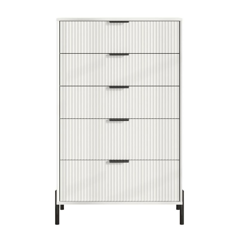 Modern Off-White Vertical 5-Drawer Chest with Black Metal Handles