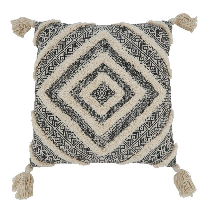 Black and Beige Tufted Diamond Block Print Pillow, 20" Square