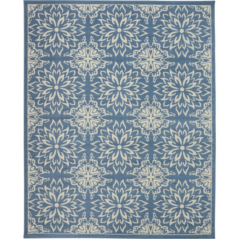 Elegant Ivory & Blue Floral Viscose 7'10" x 9'10" Area Rug