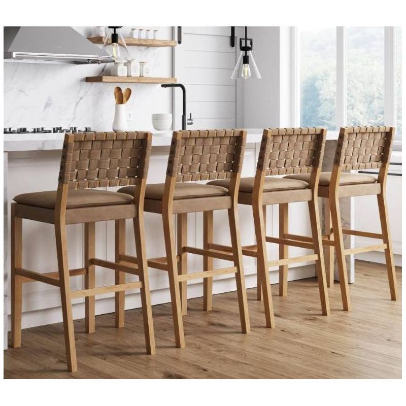 Cohen Natural Brown Wood and Faux Leather Bar Stools, Set of 4