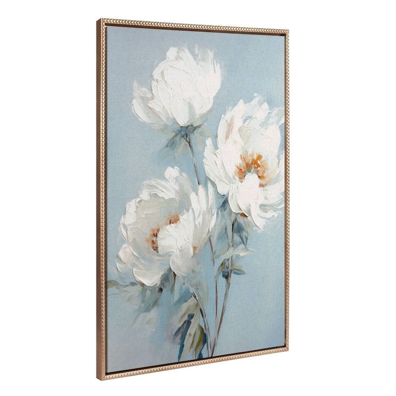 White Peonies on Ocean Blue Canvas with Gold Beaded Frame