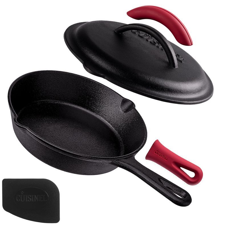 8-Inch Black Cast Iron Skillet with Lid and Red Silicone Handle