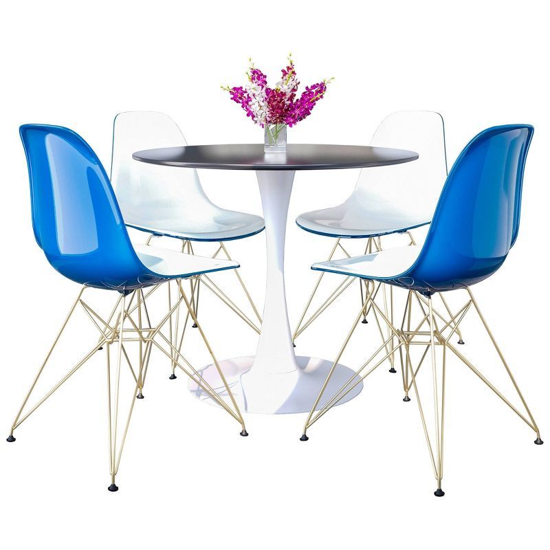 White and Blue 35" Round Dining Table with Gold Base and 4 Plastic Chairs
