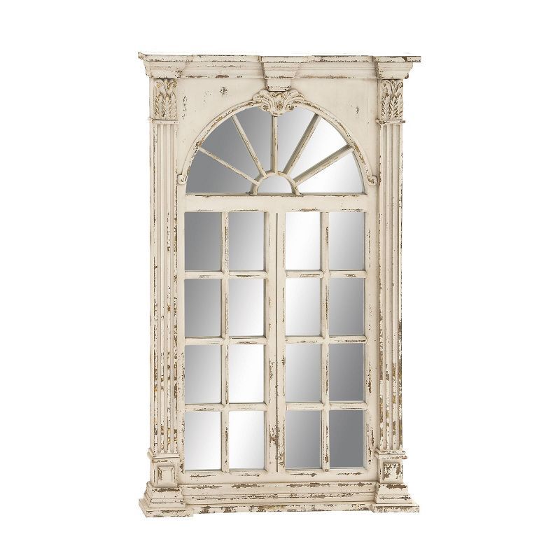 Cream Wood Windowpane Arched Wall Mirror with Distressed Finish