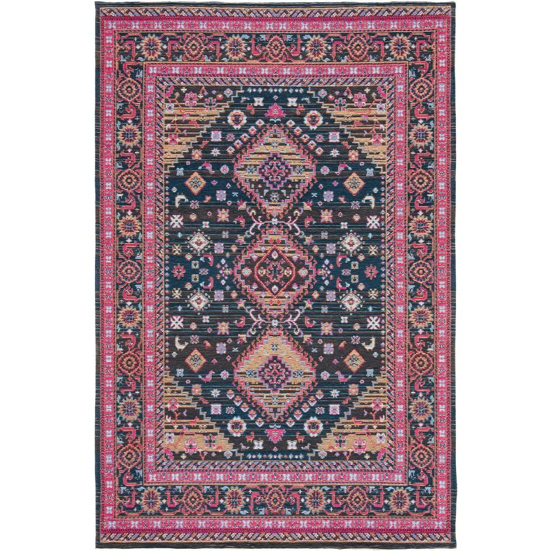 Navy and Pink Floral Motif Cotton Area Rug, 4' x 6'