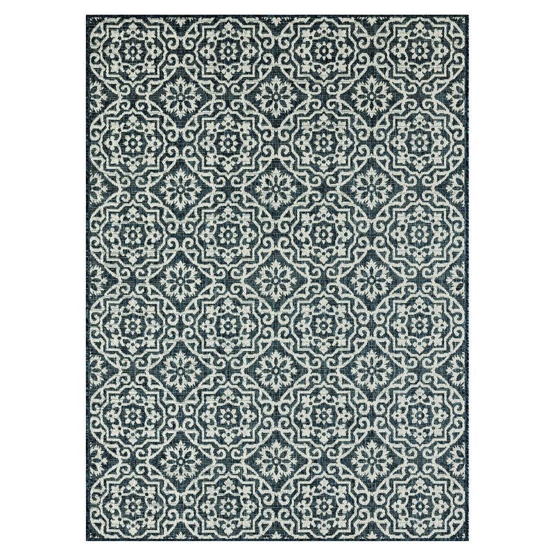 Teal Blue Geometric Synthetic Indoor/Outdoor Area Rug