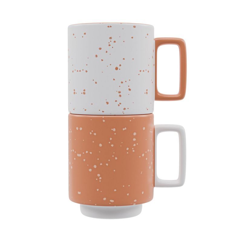 14oz White and Coral Ceramic Stackable Coffee Mugs Set