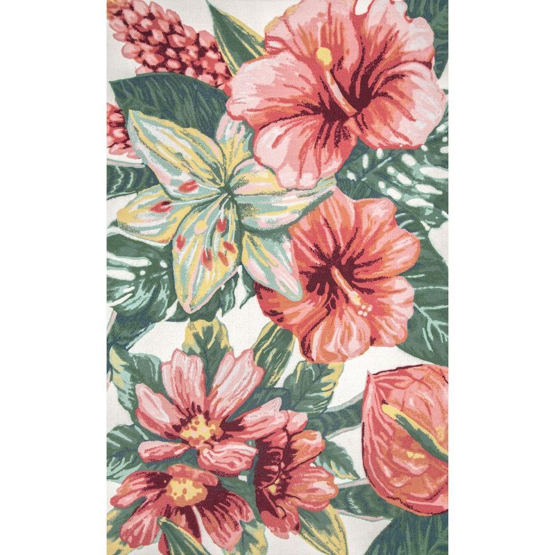 Multicolor Tropical Floral 49" Round Synthetic Indoor/Outdoor Rug