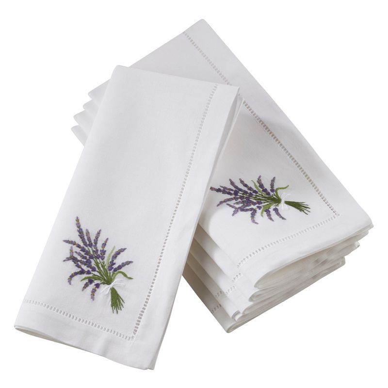 White Cotton Napkins with Lavender Embroidery, Set of 6