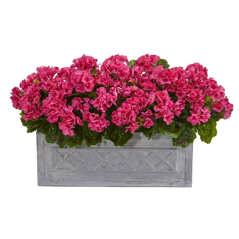 Nearly Natural 18'' Pink Geranium Artificial Plant in Stone Planter