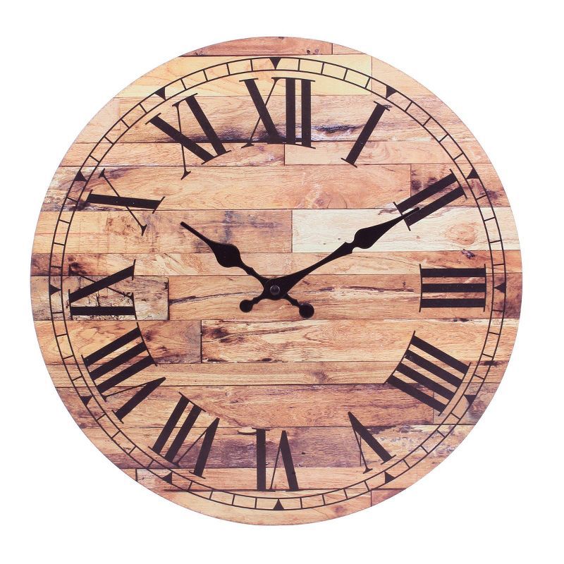 14-Inch Rustic Brown Wooden Roman Numeral Wall Clock