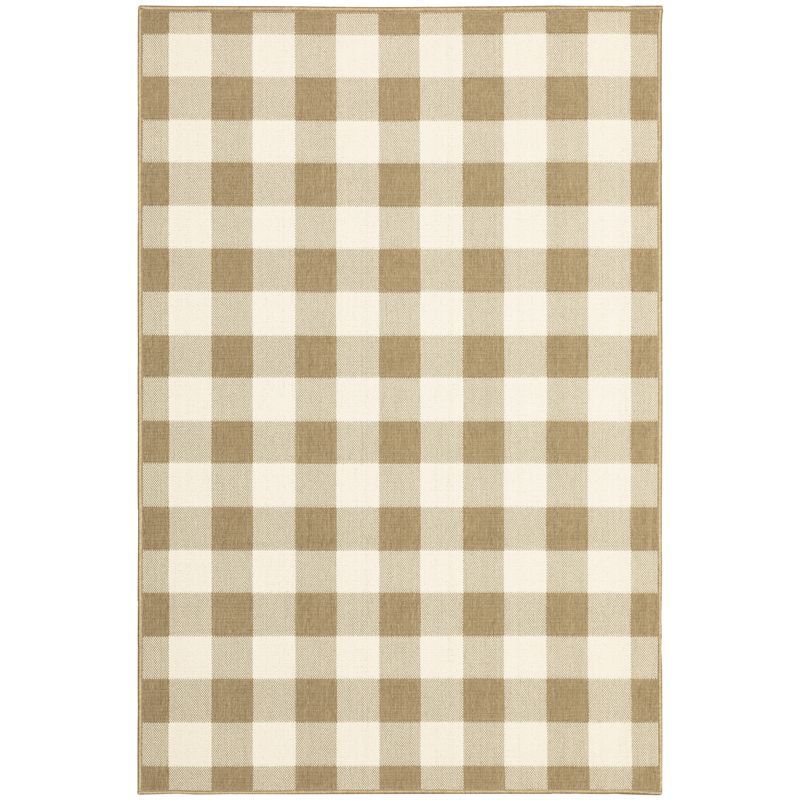 Ivory and Tan Rectangular Synthetic Oriental Area Rug