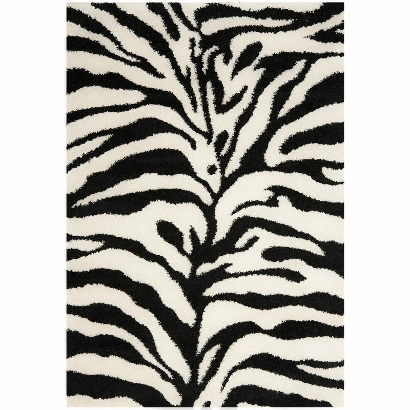 Ivory and Black Zebra Print Shag Area Rug, 8' x 10'
