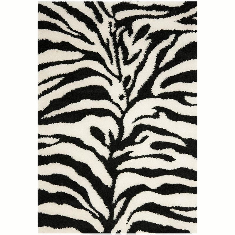 Ivory and Black Zebra Print Shag Area Rug 5'3" x 7'6"