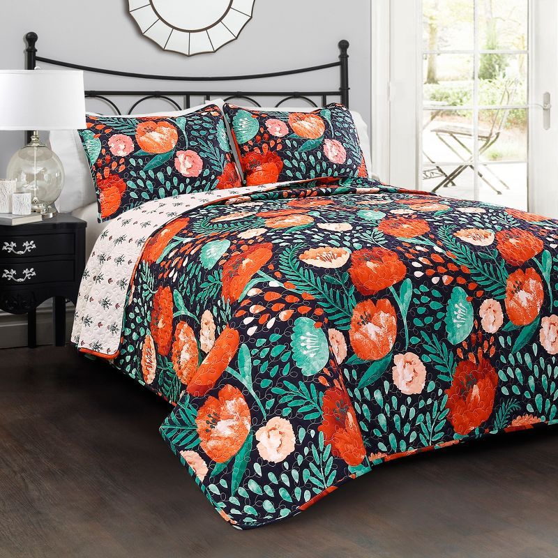 Navy King Cotton Reversible Floral Quilt Set