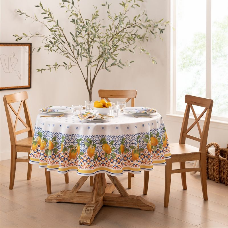 Capri Lemon Double Border 70" Round Fabric Tablecloth