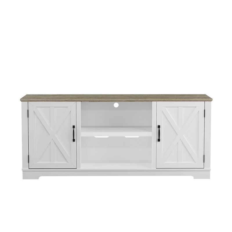Grayish-White Farmhouse TV Stand with Cabinets and Fireplace
