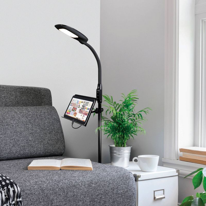 Adjustable Black LED Floor Lamp with USB Charging and Tablet Stand