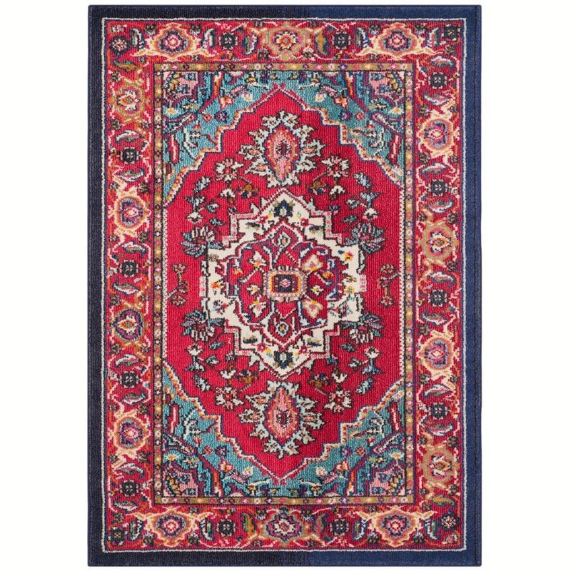 Red and Turquoise Floral Synthetic Area Rug