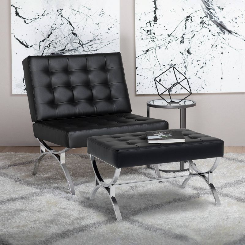 Newel 22" Tufted Blended Leather Ottoman with Chrome Metal Frame