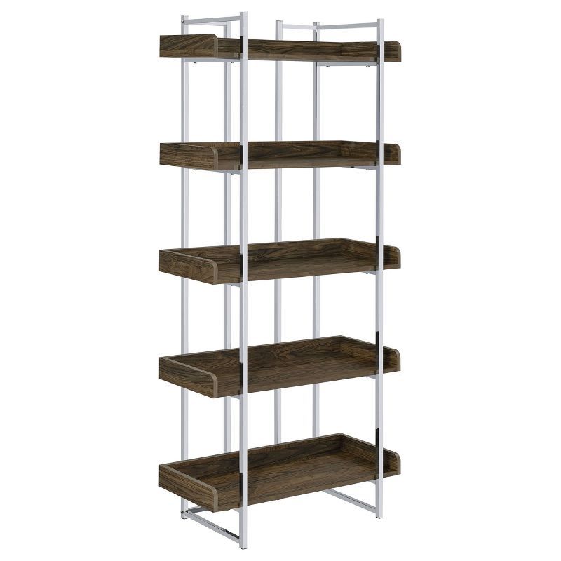 Contemporary Walnut and Chrome 5-Shelf Bookcase