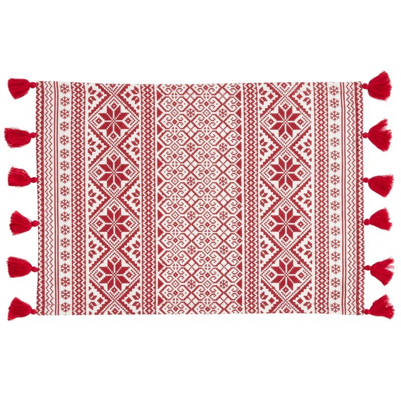 Red and White Cotton Christmas Pattern Placemats with Tassels, Set of 4