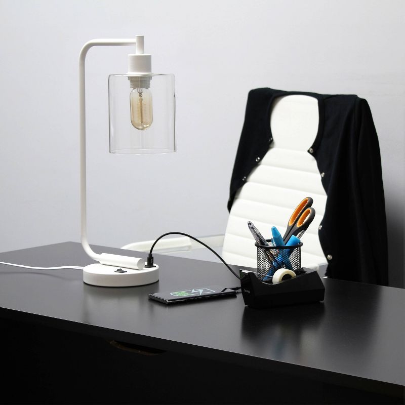 White Iron Desk Lamp with Clear Glass Shade and USB Ports