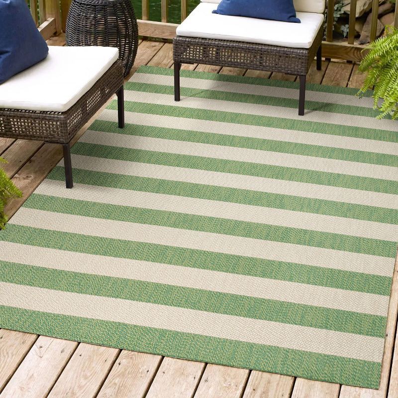 Ivory and Green Wide Stripe 5x8 Synthetic Area Rug