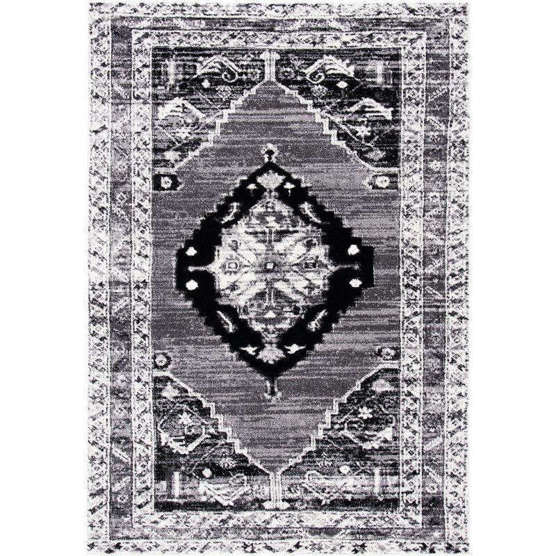 Grey and Ivory Hand-Knotted Synthetic Rectangular Area Rug