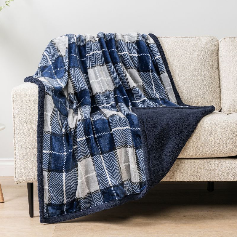 Navy Plaid Reversible Sherpa Fleece Throw Blanket