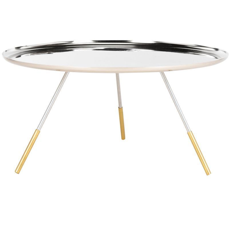 Round Silver Metal Coffee Table with Gold Cap Legs