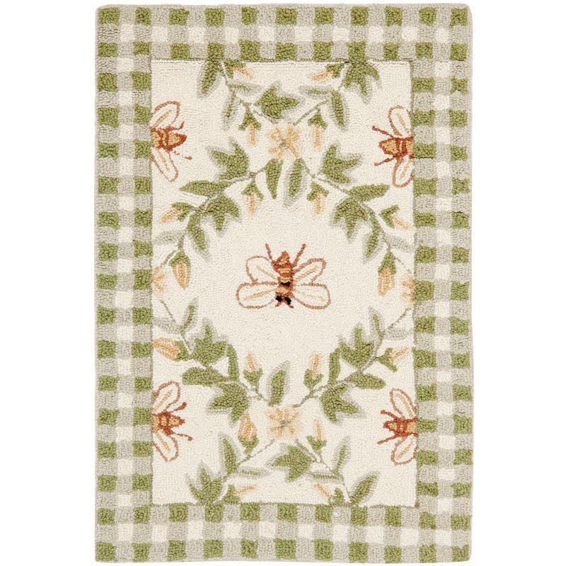 Handmade Ivory & Green Floral Round Wool Accent Rug - 20"