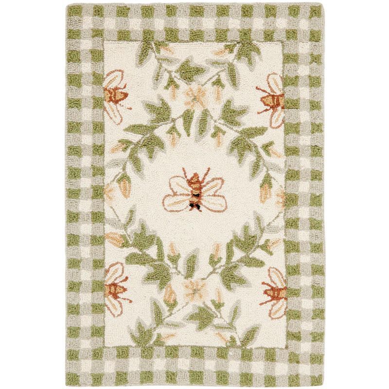 Handmade Ivory & Green Floral Round Wool Accent Rug - 20"