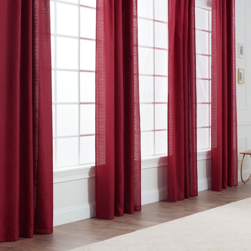 Maroon Faux Belgian Flax Semi-Sheer Window Curtain Panels, 52 x 63 Inches