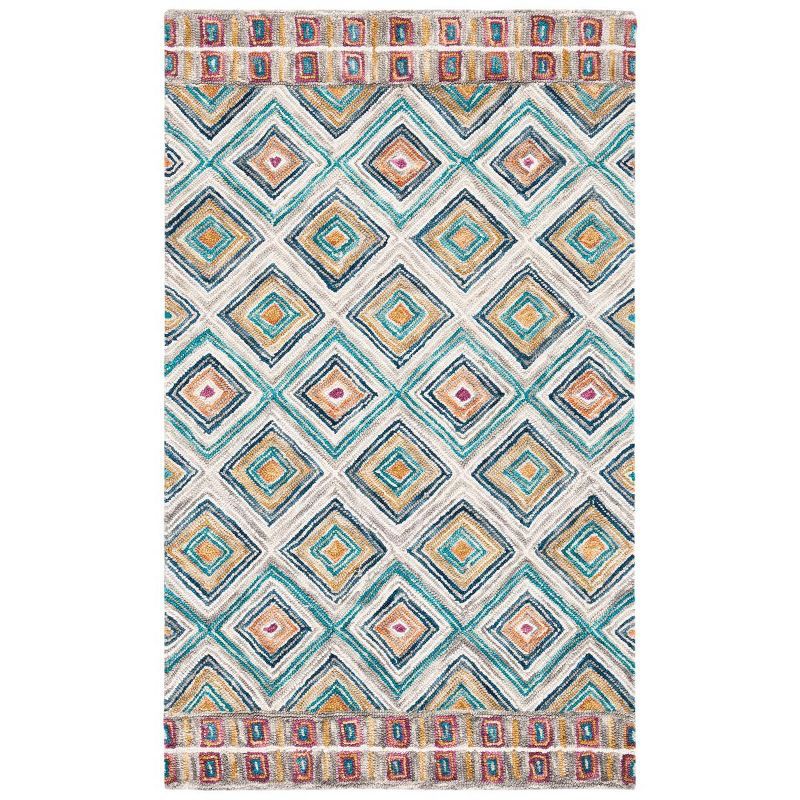 Handmade Geometric Tufted Wool Area Rug in Green/Red - 4' x 6'