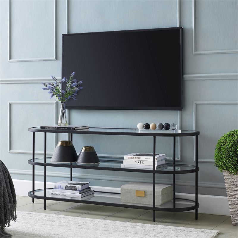 Leif 55" Blackened Bronze Oval TV Stand with Glass Shelves