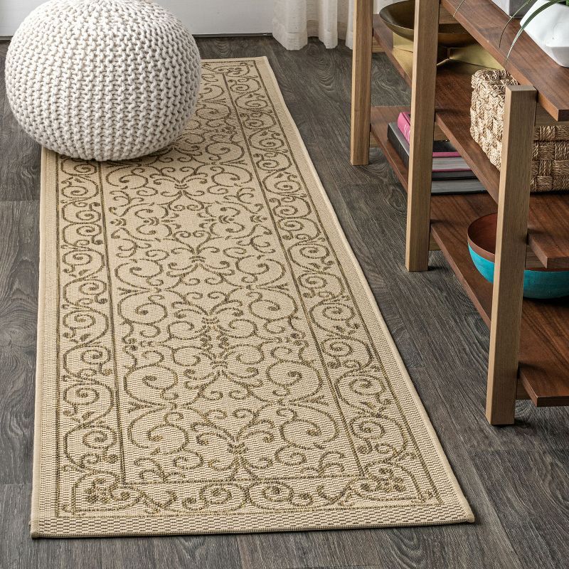 Charleston Vintage Filigree Beige & Brown 2'x8' Indoor/Outdoor Runner Rug