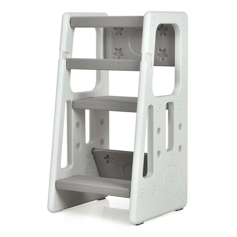 Gray Adjustable Kids Kitchen Step Stool with Double Safety Rails